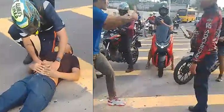 Vídeo: motoboys discutem colisão no Distrito Industrial, enquanto homem ag0niza no chão