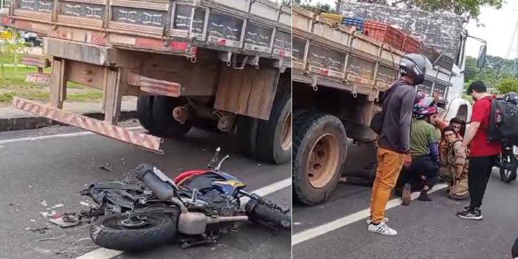 Vídeo mostra estado delicado de motoqueiro embaixo de caminhão em Manaus