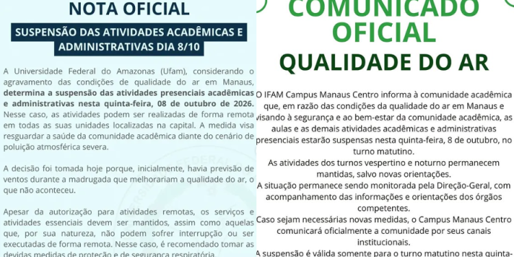 Qualidade do ar insalubre em Manaus faz Ufam e Ifam cancelarem aulas por motivo de saúde