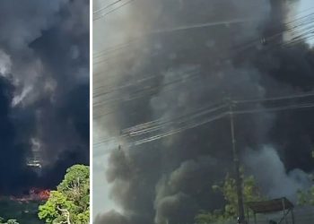 Vídeos mostram incêndio, fumaça densa e preocupação dos moradores do Distrito Industrial