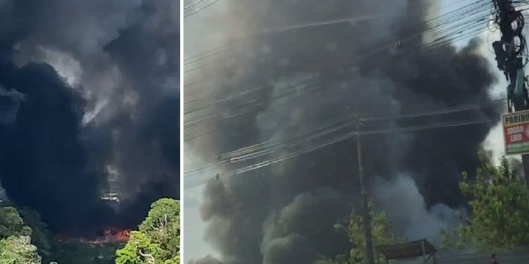 Vídeos mostram incêndio, fumaça densa e preocupação dos moradores do Distrito Industrial