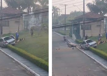 Vídeo mostra carro que atravessou a rua e entrou num condomínio em Manaus: ‘foi a p0rrada’