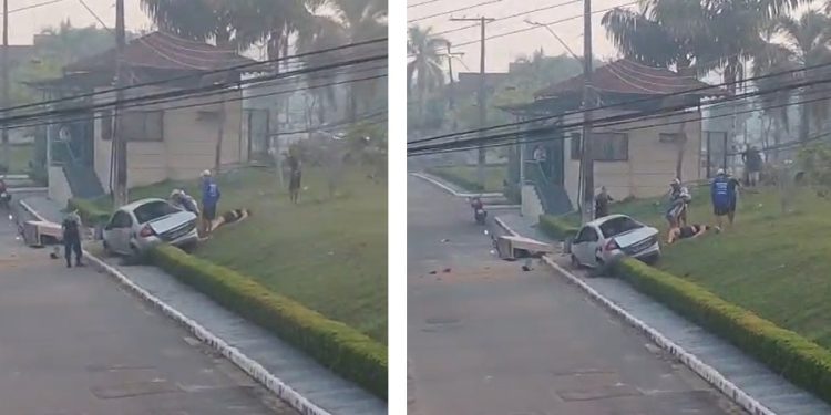 Vídeo mostra carro que atravessou a rua e entrou num condomínio em Manaus: ‘foi a p0rrada’