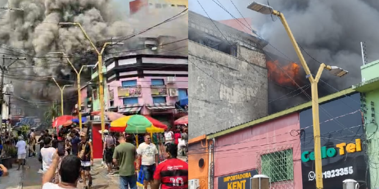 Vídeo: Incêndio de grandes proporções atinge loja no Centro de Manaus e causa correria