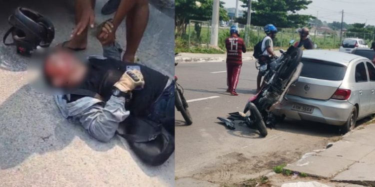 Motoqueiro tem feriment0s severos na cabeça após bater na traseira de carro em Manaus