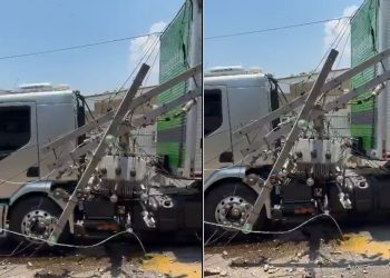 Vídeo: caminhão arrasta fios, derruba poste, transformador e bloqueia rua em Manaus