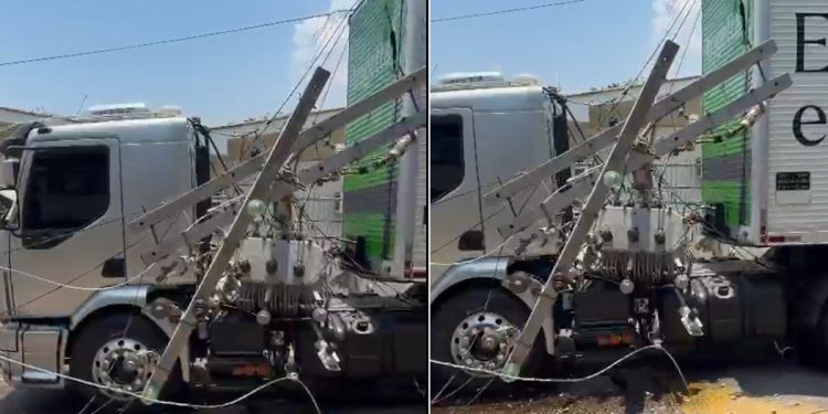 Vídeo: caminhão arrasta fios, derruba poste, transformador e bloqueia rua em Manaus