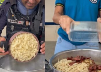 Sargento da PMAM entra na brincadeira com alunos e prepara macarronada gigante em escola no Amazonas