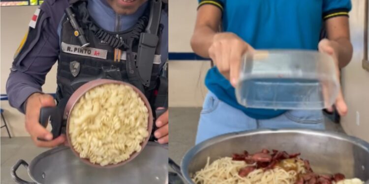 Sargento da PMAM entra na brincadeira com alunos e prepara macarronada gigante em escola no Amazonas