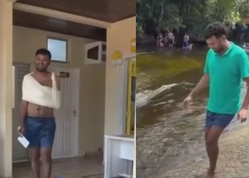 Vídeo: Homem pula em igarapé e sofre fr4tura no braço pela segunda vez em PF