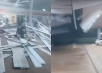 Veja: Teto de posto desaba de repente durante chuva forte em Iranduba