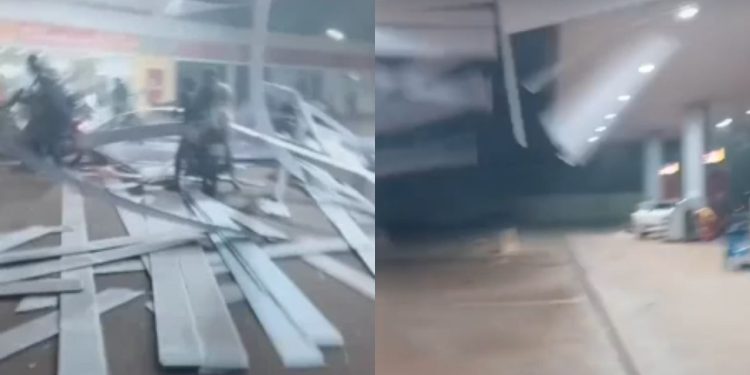 Veja: Teto de posto desaba de repente durante chuva forte em Iranduba