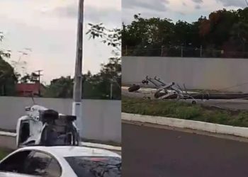 Pickup bate em carro, arrasta veículo e derruba muro durante acidente na Ponta Negra